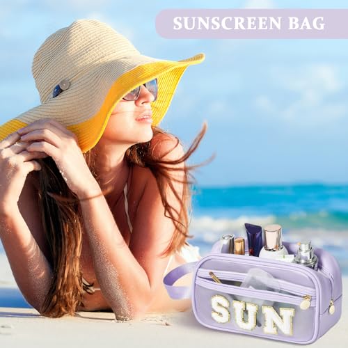 Image of COSHAYSOO Clear Sunscreen Bag Makeup Toiletries Pouch Beach Vacation Essentials Summer Travel Stuff Accessories Personalized Graduation Gifts for Her Women College Teen Girls Teacher Nurse Purple SUN