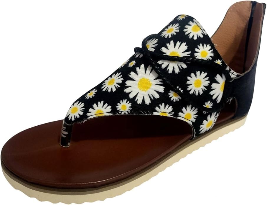Hbeylia Sandals for Women Fashion Roman Open Toe Low Wedge Floral Sandals with Back Zipper Summer Beach Dressy