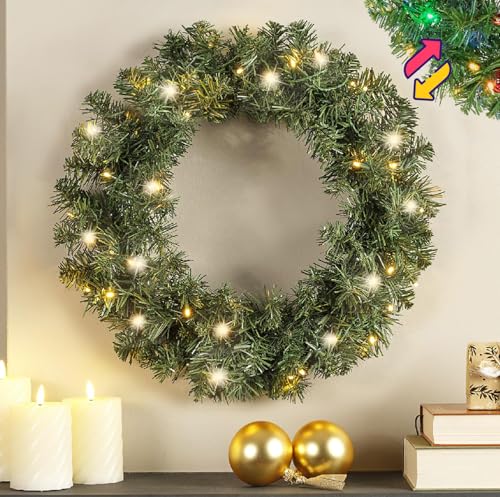 50cm Colour Changing Pre-Lit Wreath Christmas Green Front Door Wreath - 40 Warm White or Multi Coloured LEDs Battery Operated Light Up Indoor and Outdoor Wreath