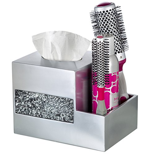 Image of Crackled Glass Tissue Box Cover Square Silver Decorative Multi-function Storage Organizer Caddy; Tissue Box Holder & Countertop Nightstand Bedside Table Organizer Makeup, Phone, Remote Control Holder