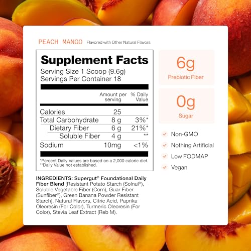 Supergut Foundational Daily Fiber Powder, Sugar Free & Vegan Prebiotic Fiber Blend for Gut Health & Digestive Support, Supplement for Men & Women with Solnul & Sunfiber, Peach Mango, 18 Servings - Thumbnail 2