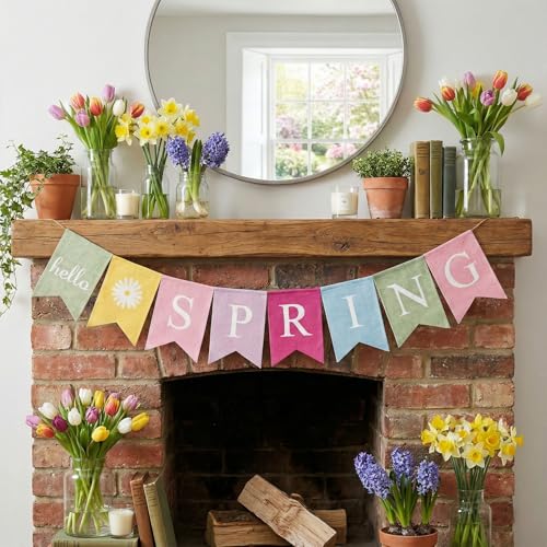 Adurself Hello Spring Burlap Fabric Banner Garland Pre-Assembled Colorful Spring Bunting Sign for Easter Home Party & Seasonal Decorations