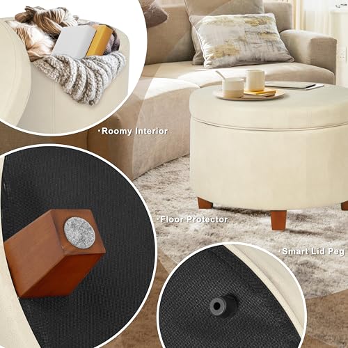 HomePop Round Leatherette Storage Ottoman with Lid, Ivory Large - Thumbnail 4