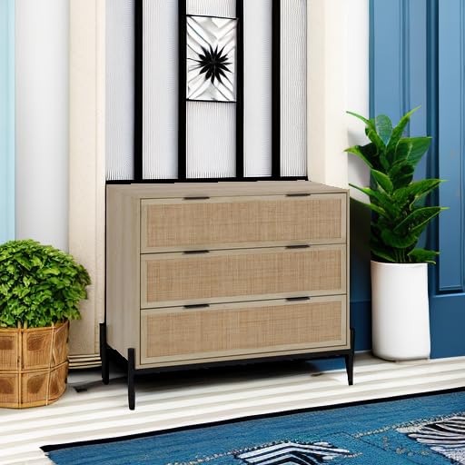 Image of Nathan James Andrew 3-Drawer Rattan Dresser or Boheminan Living Room Storage Cabinet with Natural Rattan Accent and Metal Legs, Light Oak /Black