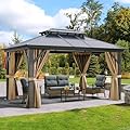 YITAHOME 10x12FT Gazebo Hard-Top Double Roof Canopy Outdoor with Netting and Shaded Curtains, Aluminum Frame Polycarbonate Hardtop Garden Tent for Patio, Backyard, Deck and Lawns, Brown