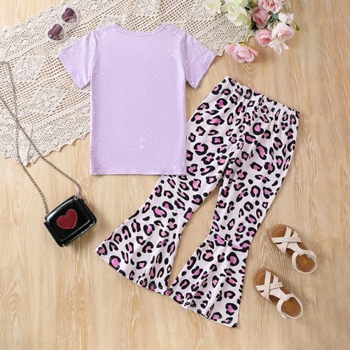 Image of Ayzozuy Kids Toddler Girl Clothes Letter Print Graphic Top + Leopard Print Flare Leg Pants 2PC Summer Clothing Set