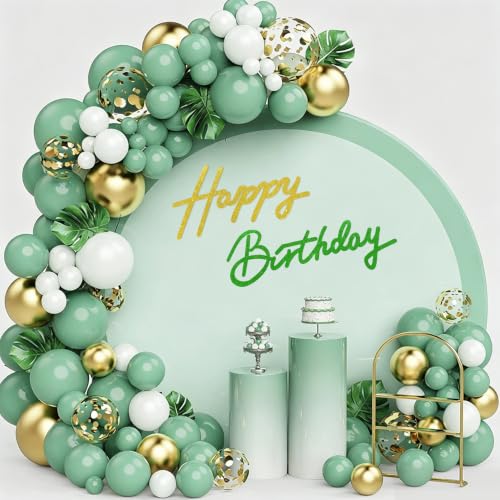 Image of TONIFUL Happy Birthday Sign for Backdrop - Glitter Green Gold Felt Banner - Includes Dot Glue - Perfect for Birthday Party Backdrop,Wall Decr,Balloon Arch,Photo Background
