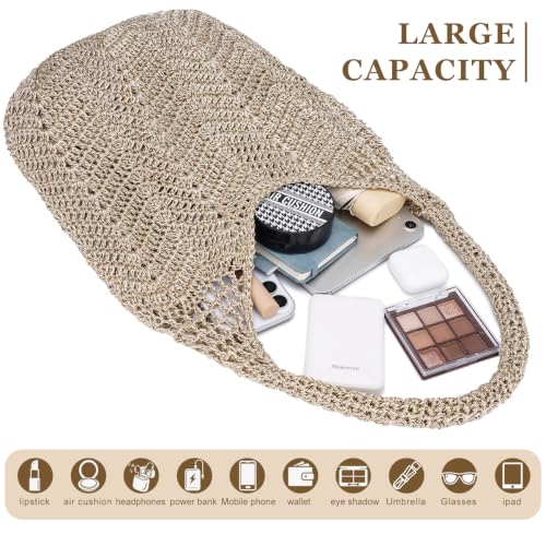 Image of Boho Crochet Shoulder Bag for Women, Colorful Beaded Beach Tote Handbag Lightweight Summer Knit Hobo Purse &Travel Organizer