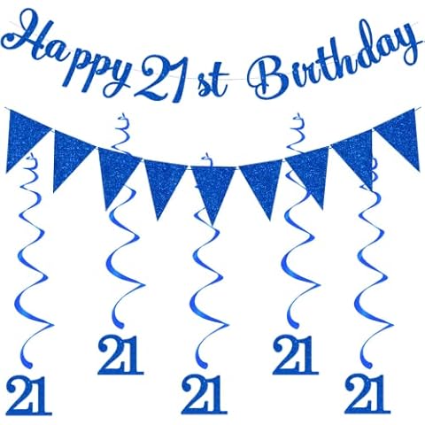 21st Birthday Party Blue Decorations Happy 21st Birthday Bunting Banner With Hanging Swirls Streamers for Boys Men Adult Birthday Anniversary Party Decor Supplies Cover
