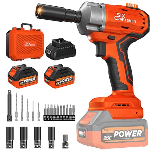 SIX CRAFTSMEN Llave de Impacto Inalámbrica Brushless 700 N.m, 21V Pistola de Impacto 1/2', Pistola de Impacto con 2 Baterías de 4.0 Ah, Velocidad Variable, Para Coche Familiar/Camioneta/Cortacésped