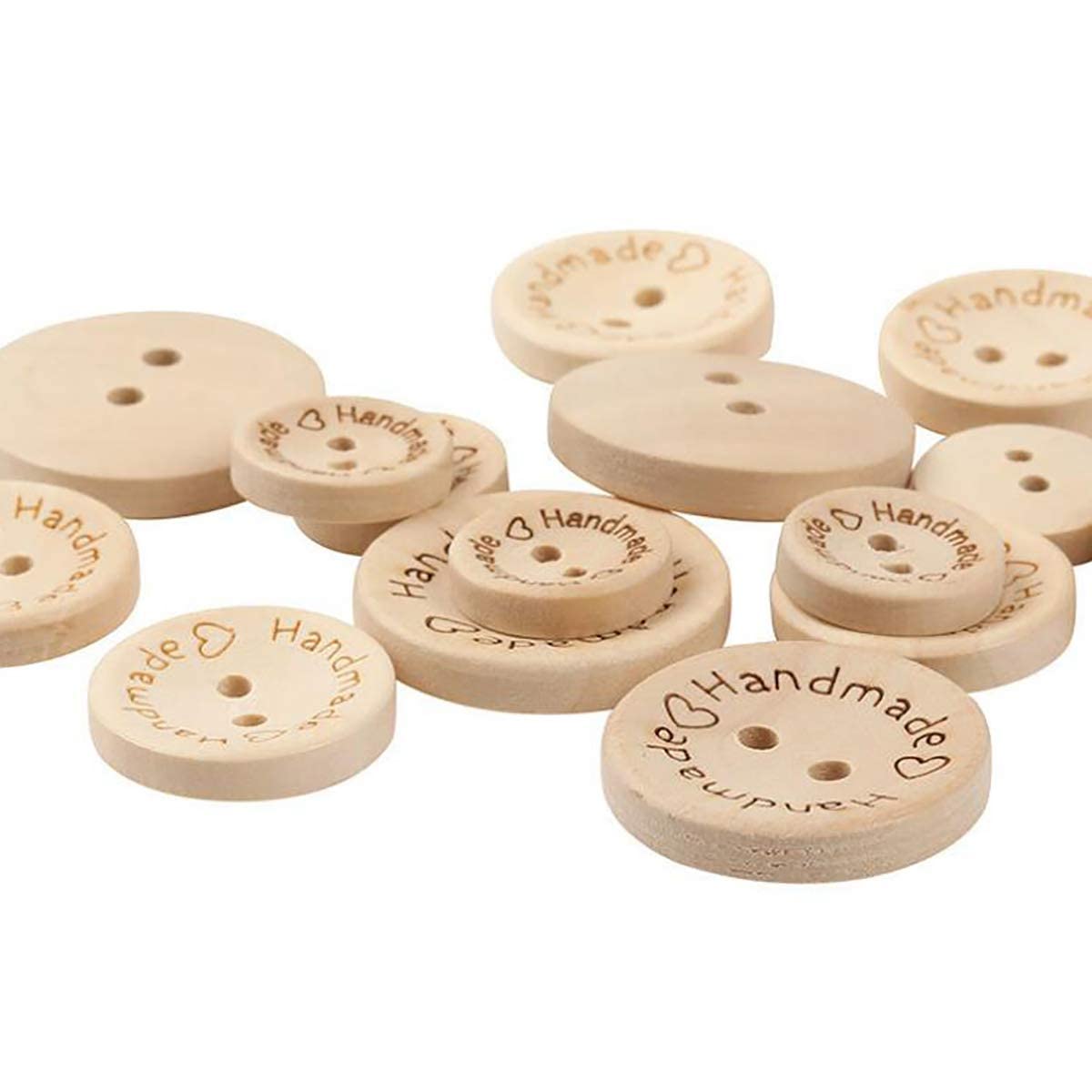 150 botones redondos de madera hechos a mano con amor, 2 agujeros para botones de costura de 15 mm/20 mm/25 mm (botón de madera)