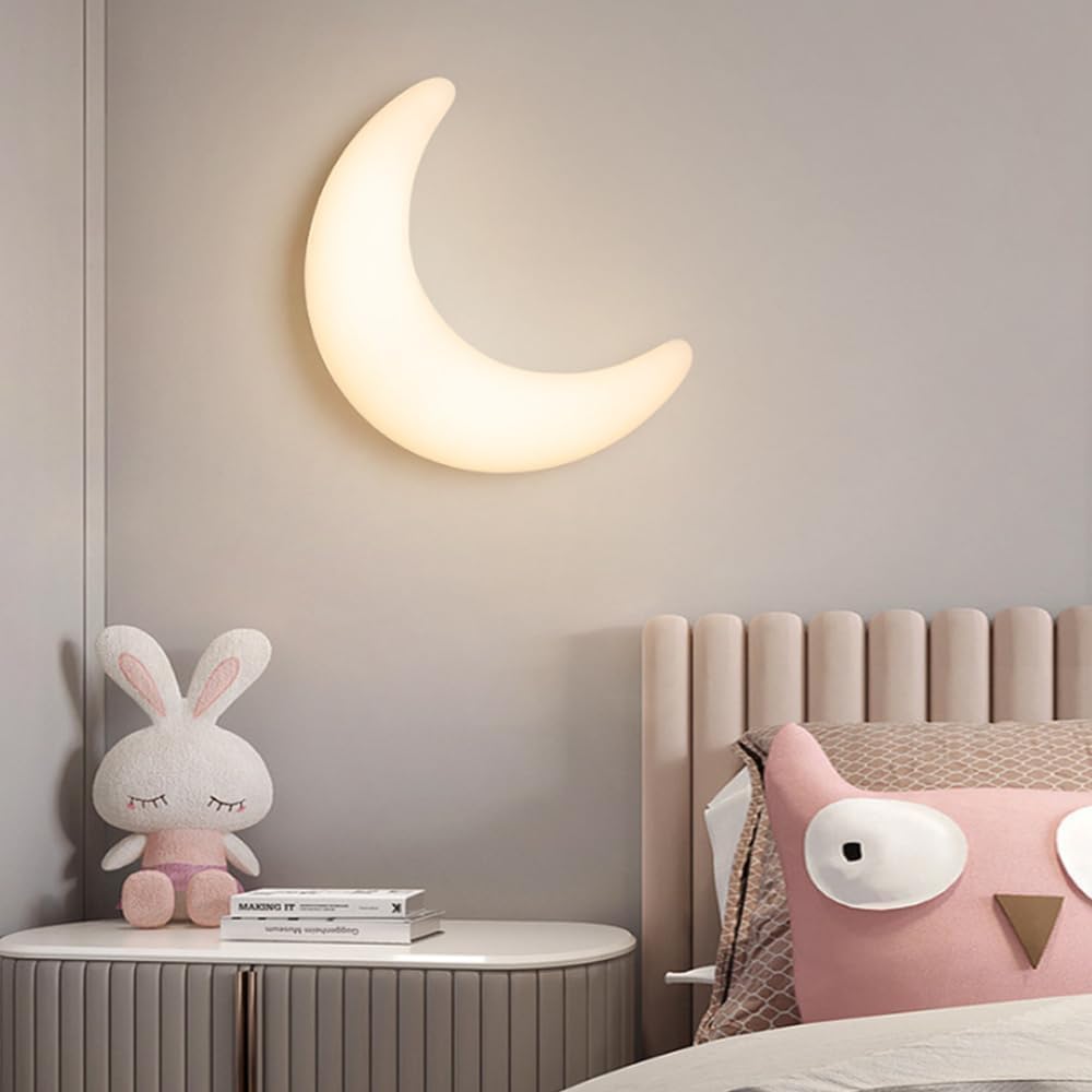 Nordic Minimalist White Children's Room Wall Light LED Dimming Crescent Wall Sconces Modern Creative Moon Boy's Girl's Room Wall Mount Lamp Indoor Lighting for Bedroom Nursery Kindergarten