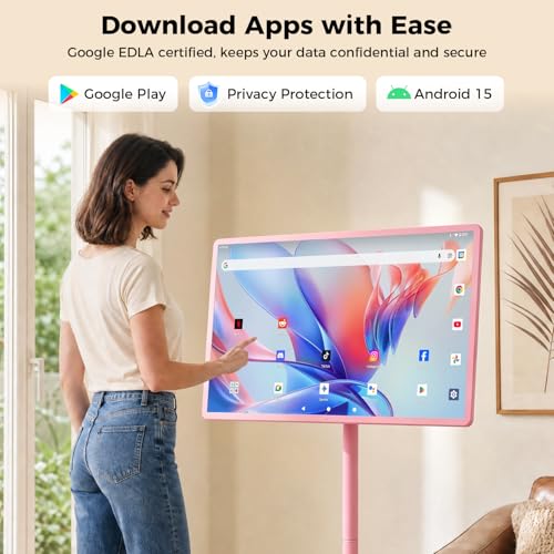 Image of 32 inch Portable Smart TV with Android 15, 1080P Touch Screen Monitor on Wheels, EDLA-Certified, 8GB+128GB Storage, 5MP Camera, 10H Playing Time, Rotatable Display, Wireless Casting, Voice Remote Control