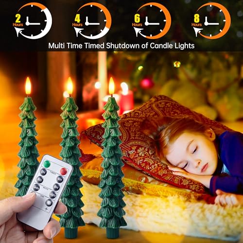 Image of 3 Flame Free Cone Candles with Remote Control, Real Wax LED Battery Powered Candle Warm 3D Wick New Year Decoration (Green, 0.8 X 10 inches)