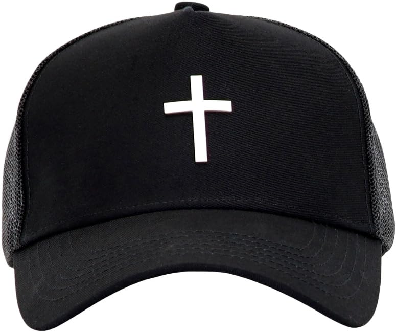 Image of Christian Jesus Cross Faith Hat, Religious Gifts forThanksgiving Christmas | 5 Panel Structured Mesh Back Trucker Baseball Cap, Adjustable Snapback Streetwear Dad Ball Hats for Men Women