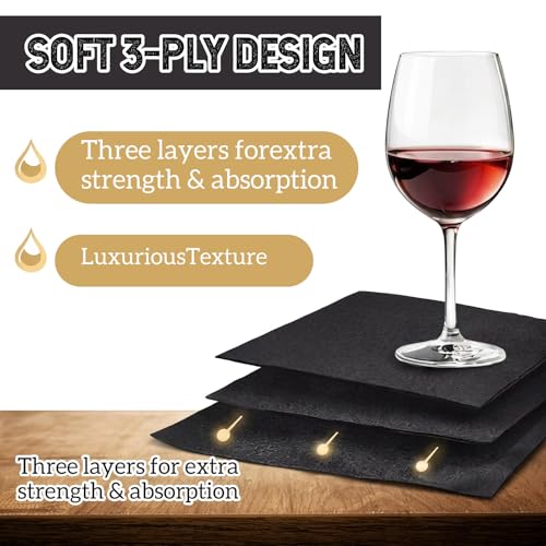 Image of Henoyso 600 Pack 3 Ply 9.8 x 9.8 Inch Black Cocktail Napkins Bulk