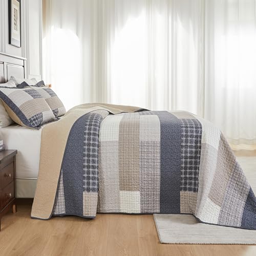 Oversized King Bedspreads 120x120 - Farmhouse Rectangular Plaid Design Reversible California King Quilt Set, 3PCS 100% Cotton Textured Lightweight Comforter Coverlet Set, Cal King, Slate Gray/Beige — view 3