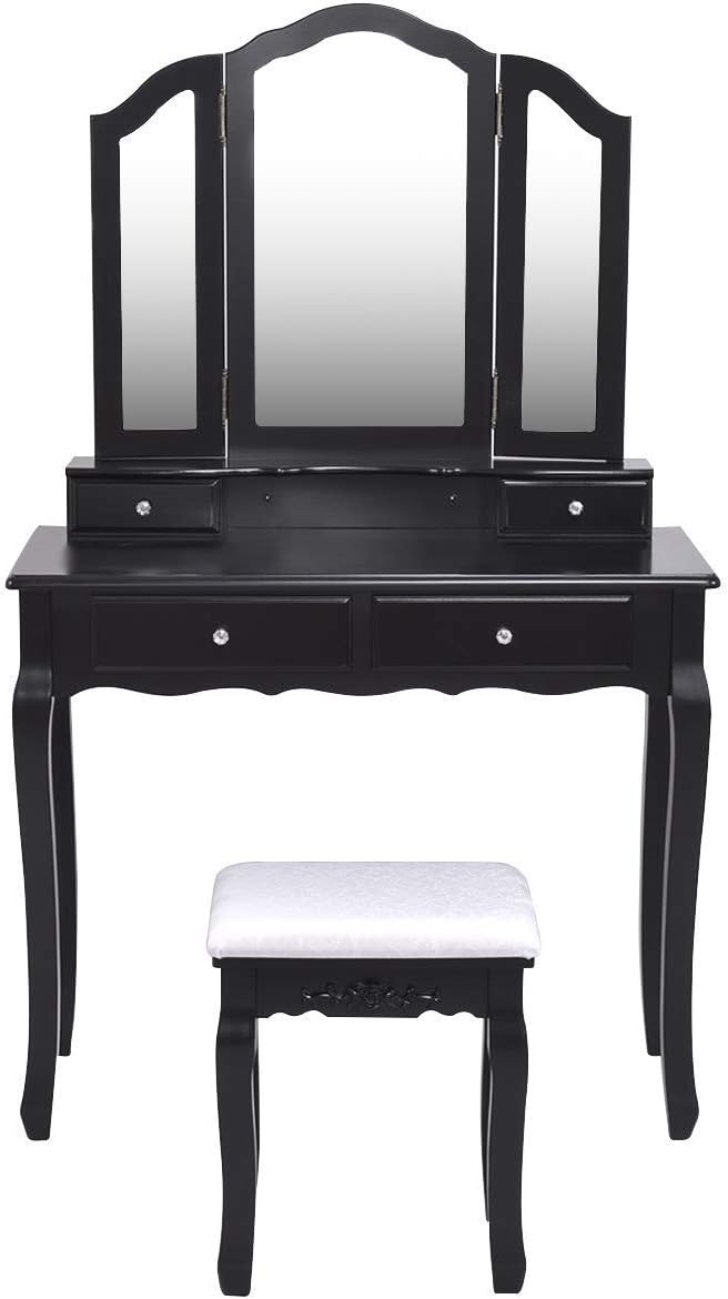 Casart Tri Folding Mirror Bathroom Vanity Makeup Table Stool Set Home Furniture with 4 Drawers (Black)