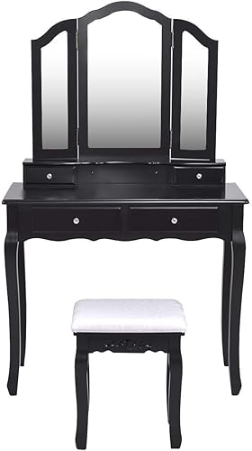 Miniatura 5 de Casart Tri - Juego de taburete plegable para baño con espejo plegable con 4 cajones, Blanco