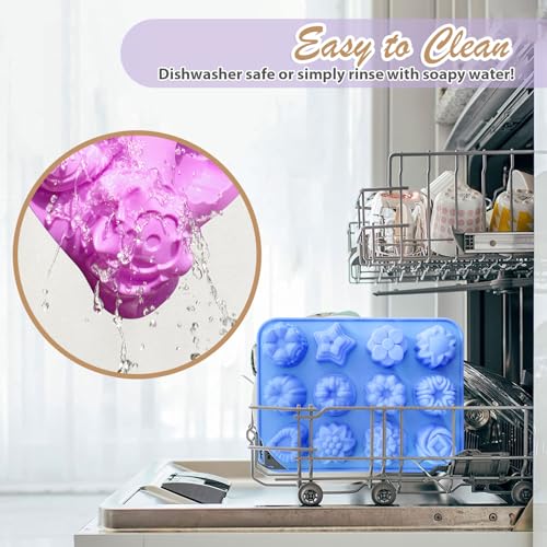 Image of Soap Molds Silicone Flower Shapes 3 Packs for Chocolate Gelatina Lotion Bar Candy Ice Cube Jelly Bathbomb, Blossom Rose Baking Tray Molds Unique Heart Star Food Grade Non-stick Homemade DIY BPA free