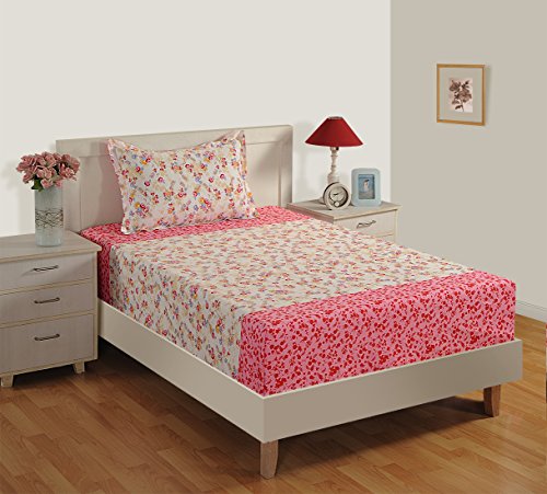 Image of Swayam Pure Cotton Single Bedsheet with 1 Pillow Covers | Size 60 x 90 inch | 160 TC | Floral Design | Soft Breathable Bed Sheet | Comfortable & Durable for Bedroom - Cream & Pink