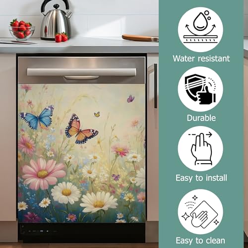 Image of Spring Wildflowers Dishwasher Magnets Decorative Cover,Pink Blue Butterfly Waterproof Magnetic Dishwasher Cover Panel,Refrigerator Magnet Cover for Kitchen Home Decor 23x26 Inch