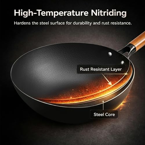 Image of WANGYUANJI 12.6 inch Carbon Steel Wok with Lid, Flat Bottom Wok Pan for Induction and Gas Stoves, Heavy Duty Unseasoned Asian Stir Fry Pan with Detachable Wooden Handle