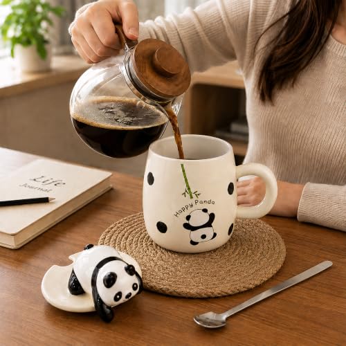 Image of BonZeal Panda Mug 450 ML Ceramic Coffee Mug with Lid & Spoon Gift for Kids