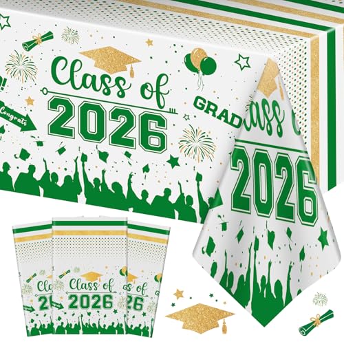 Image of Graduation Decorations Class of 2026 Tablecloth - 3 Pcs Plastic Congrats Grad Table Cloth, Graduation Table Cover for Graduations Party Decorations 2026 and Party Supplies, 54 inchx108 inch (Green and Gold)
