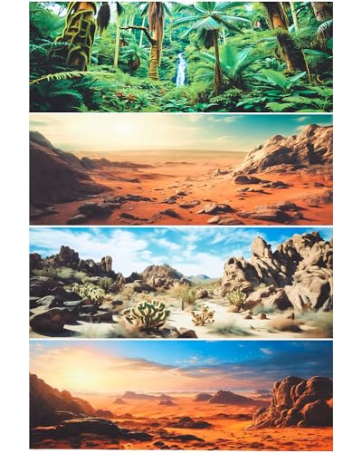 Image of Breling 4 Pcs 48 x 18 Inch Reptile Habitat Background with Nano Glue Gobi Sun Cactus Stone and Green Tree Fern Stream Terrarium Background Polyester Durable Aquarium Accessories