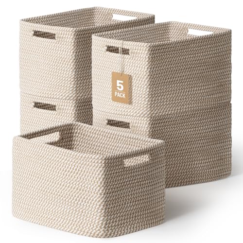 5 Pack Woven Storage Baskets for Shelves, Decorative Basket Organizer Storage Bins for Toys, Books, Clothes, Closet, Nursery, Bathroom – Cotton Rope...