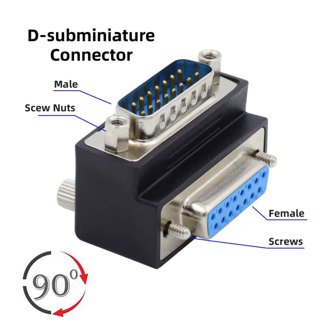 chenyang Confezione da 2 connettori DB15 pin maschio a femmina DSUB RS232 15 pin D-subminiaturizzato ad angolo di 90 gradi