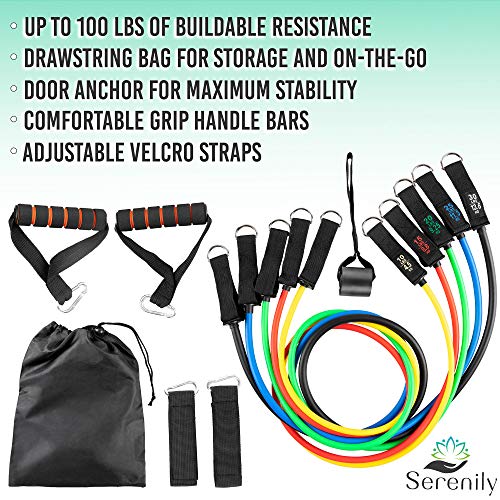 Serenily 11Pc Resistance Bands Set - Exercise Bands For Resistance Training With Carry Bag. Resistance Band Door Anchor System - Elastic Home Workout Equipment- Fitness Bands For Legs For Women & Men #TOP5