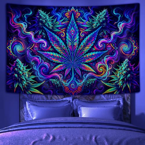 Lacoiime Blacklight Cool Trippy Weed Tapestry - UV Reactive Glow in the Dark Neon Marijuana Cannabis Leaf Wall Hanging Vibrant Art Hippie for Bedroom Living Room Decor 60X40 inch