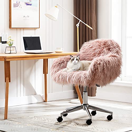 Dklgg Faux Fur Desk Chair, Cute Fluffy Upholstered Padded Seat, Vanity Accent Modern Height Adjustable Swivel Arm Decorative Furniture For Living Room/Makeup/Home Office/Teen Girls Bedroom, Pink #TOP6