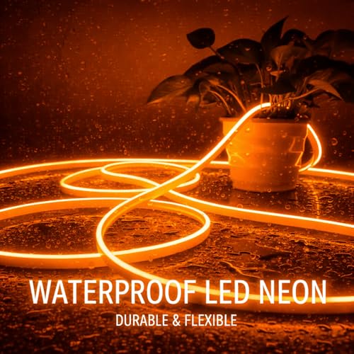 Image of Orange Neon LED Rope Lights 16.4ft (5 Meter) 600 LEDs - IP65 Waterproof Flexible Silicone Strip with Adapter for Indoor /Outdoor Use
