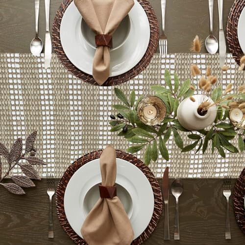 Image of Luxe Home Elegant Beige and White Woven Table Runner with Tassels - Mix Cotton Jute 13 x 72 Inch, Stripe - Perfect for Dining Table, Center Table, Decor
