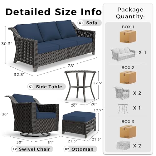 Image of 6 Piece Patio Furniture Set, Wicker Outdoor Conversation Set | Patio Chair Set with Olefin Removable Cushion, All-Weather Outdoor Couch with Deep Seat for Porch, Deck and Backyard, Blue