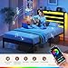 Rolanstar Bed Frame Twin Size with USB Charging Station, LED Bed Frame with Wood Storage Headboard, Black Metal Platform Bed with Under Bed Storage, No Box Spring Needed, Noise Free