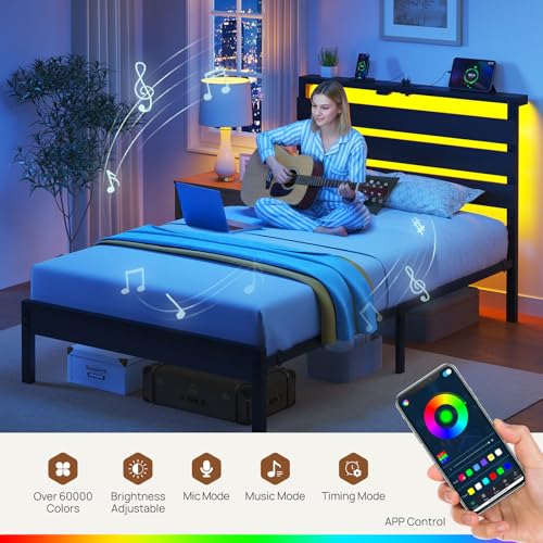 Image of Rolanstar Bed Frame Twin Size with USB Charging Station, LED Bed Frame with Wood Storage Headboard, Black Metal Platform Bed with Under Bed Storage, No Box Spring Needed, Noise Free