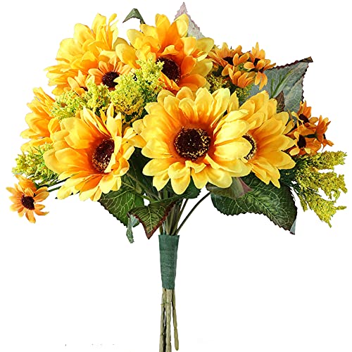 JOHOUSE 5PCS Artificial Sunflower Bouquet, 9.8inch Silk Sunflower Wedding Flower, Home Decoration Wedding Decor
