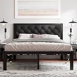 Feonase Full Size Metal Bed Frame with Faux Leather Button Tufted Headboard, Heavy-Duty Platform Bed Frame with 12' Storage, Steel Slats Support, No Box Spring Needed, Noise Free, Matte Black