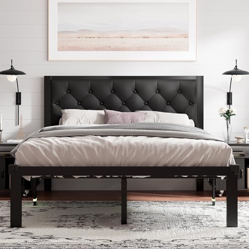Image of Feonase Queen Size Metal Bed Frame with Faux Leather Button Tufted Headboard, Heavy-Duty Platform Bed Frame with 12 inch Storage, Steel Slats Support, No Box Spring Needed, Noise Free, Matte Black