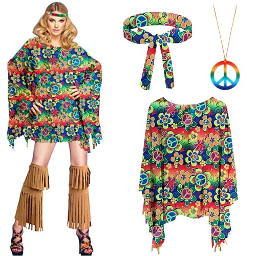 Bseical Hippie Kostüm Damen Set, Karneval Kostüm Damen Hippie, Disco Outfit 70er Jahre Hippie Accessoires Kleidung Poncho, Stirnband, Halskette Friedenszeichen Party Fasching Zubehörset