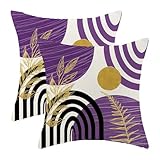 Mid Century Pillow Covers 18x18 Set of Boho Purple Gold Leaf Art Line Throw Pillow Covers Outdoor Decor, Abstract Modern Bohemian Style Farmhouse Linen Decorative Cushion Cover for Couch Sofa