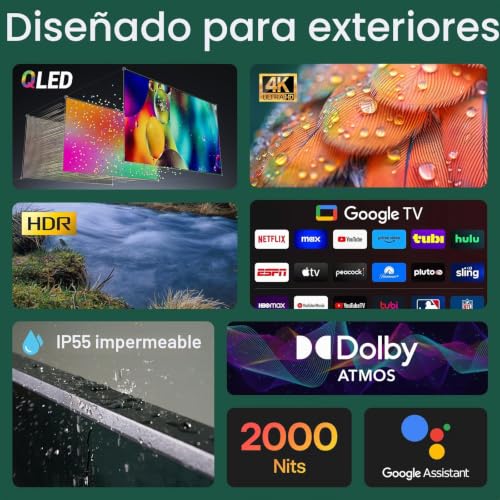 SYLVOX Outdoor TV 43 Pulgadas, 4K UHD QLED TV para Exteriores, 2000 Nits Google TV, Dolby Atmos, DVB-C/T2/S2, HEVC, IP55 Televisor de Exterior Resistente al Aguapara Jardín, Terraza, Piscina y Locales
