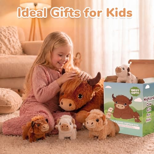 Image of gnomantic Highland Cow Stuffed Animals with Babies, Mommy Toy for Kids | 5-Piece set: 1 mommy highland cow + 4 surprise babies inside. Unzip belly to reveal babies. Ultra-soft, safe for ages 3-8.