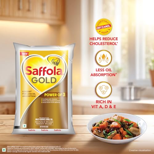 Image of Saffola Gold Refined Cooking oil | Power of 3 - Balance of Good Fats, Triple Anti-Oxidant System & Fortified with Vitamins | Multi-Source Edible Rice Bran & Corn Oil | 3 Litre Standee pouch
