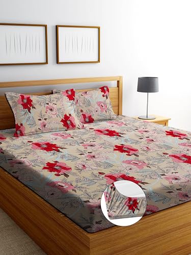 Image of DECORUM Glace Cotton Fitted 1 Bedsheet King Size (72 inchx78 inch) | All Around Elastic | Cotton Feel | 2 Pillow Covers (17 inchx27 inch) | Fits Up to 8 inch Mattress | 200-220 TC | Printed Double Bed Sheet Set