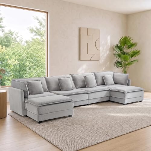 Image of Corduroy Sectional Couch, 4 Seater 149.2 inch U Shaped Cloud Couch with 2 Ottomans, Modular Deep Seat Sofa with Pillows for Living Room, Apartment, Lightgrey